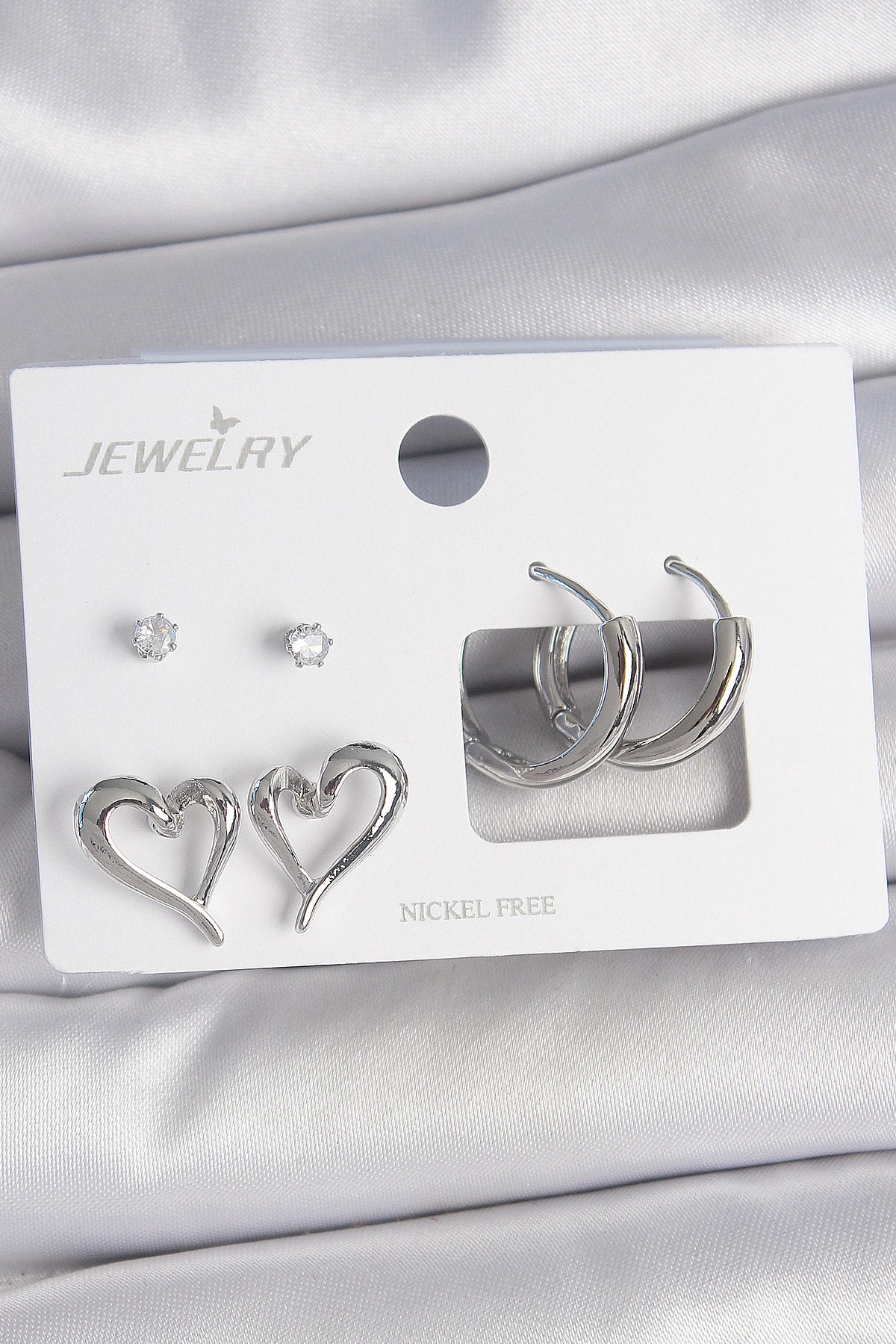 Pirinç Gümüş Renk Zirkon Taşlı Halka Model Kalp Detay 3 Çift Kadın Küpe Seti