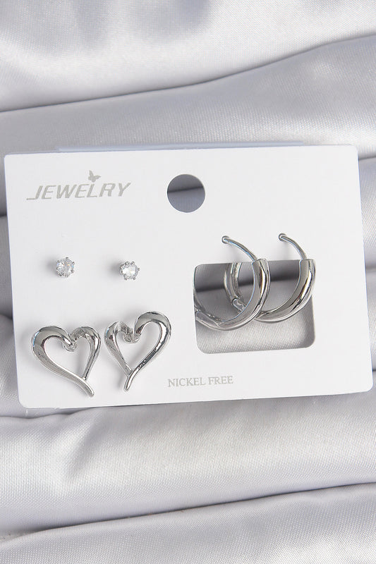 Pirinç Gümüş Renk Zirkon Taşlı Halka Model Kalp Detay 3 Çift Kadın Küpe Seti