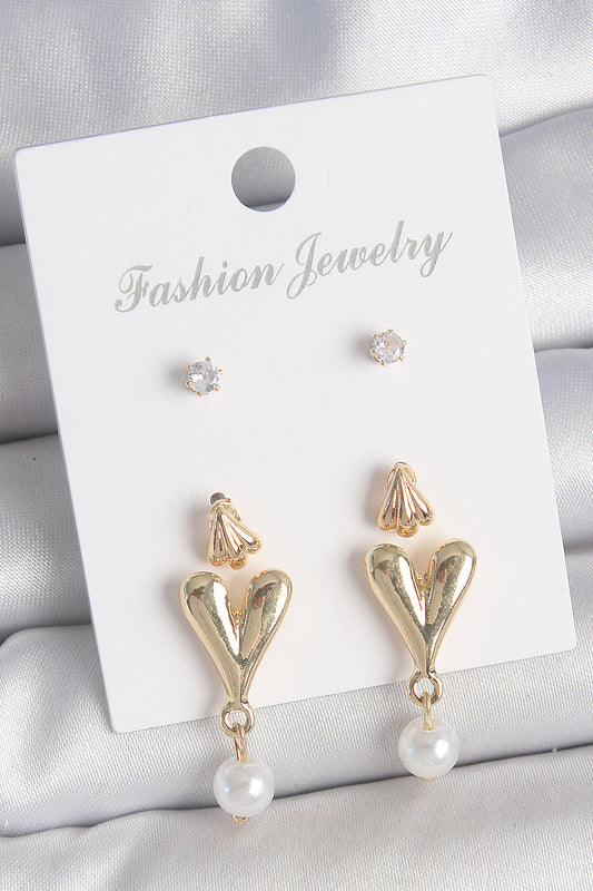 Brass Gold Color Zircon Stone Pearl Dangling Heart Model 3 Pairs Women's Earring Set