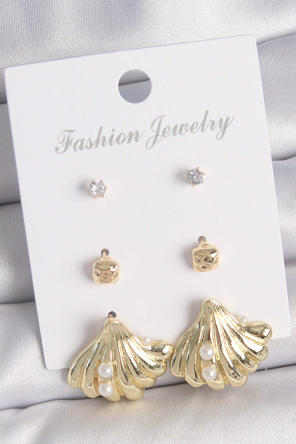 Brass Gold Color Zircon Stone Pearl Detailed Seashell Model 3 Pairs Women's Earring Set