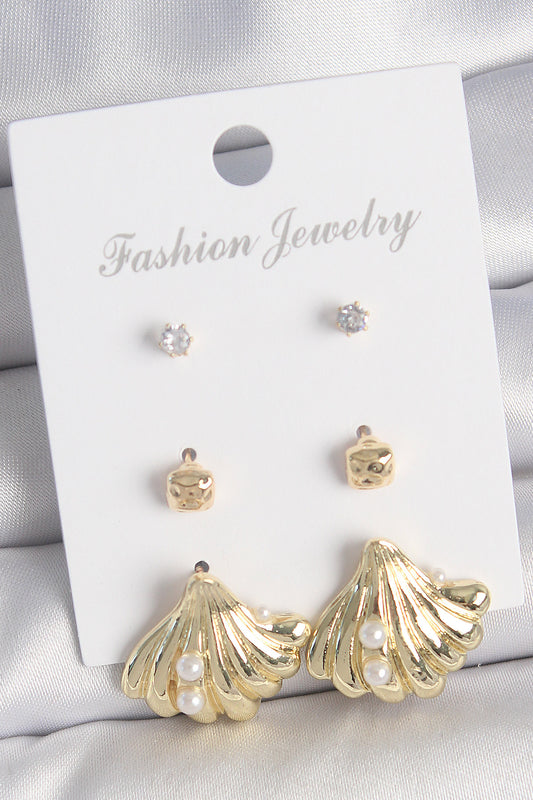 Brass Gold Color Zircon Stone Pearl Detailed Seashell Model 3 Pairs Women's Earring Set