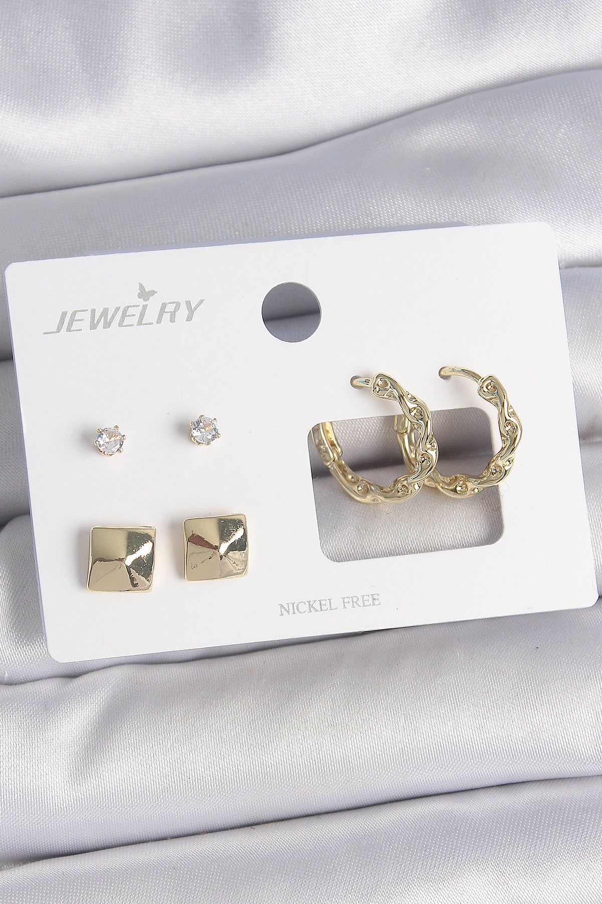 Brass Gold Color Twist Hoop Model Zircon Stone Square Detail 3 Pairs Women's Earring Set