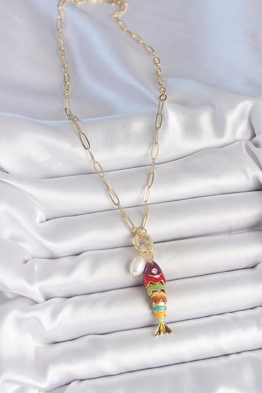 Brass Gold-Tone Rainbow Fish Women's Necklace with Zircon Detail and Pearl Detail