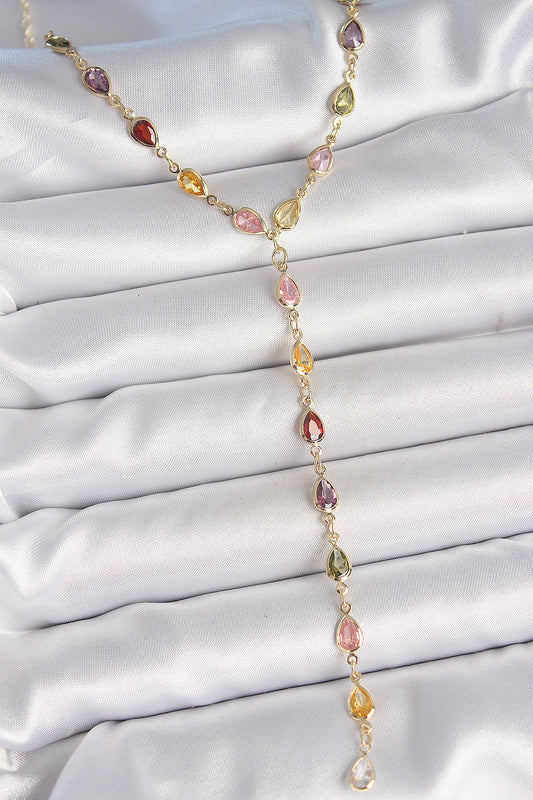 Gold Karışık Renk Zirkon Taşlı Y Pirinç Kolye