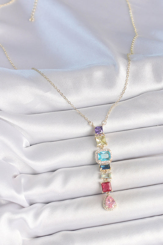 Brass Gold-Tone Multicolor Women's Necklace with Zircon Detail