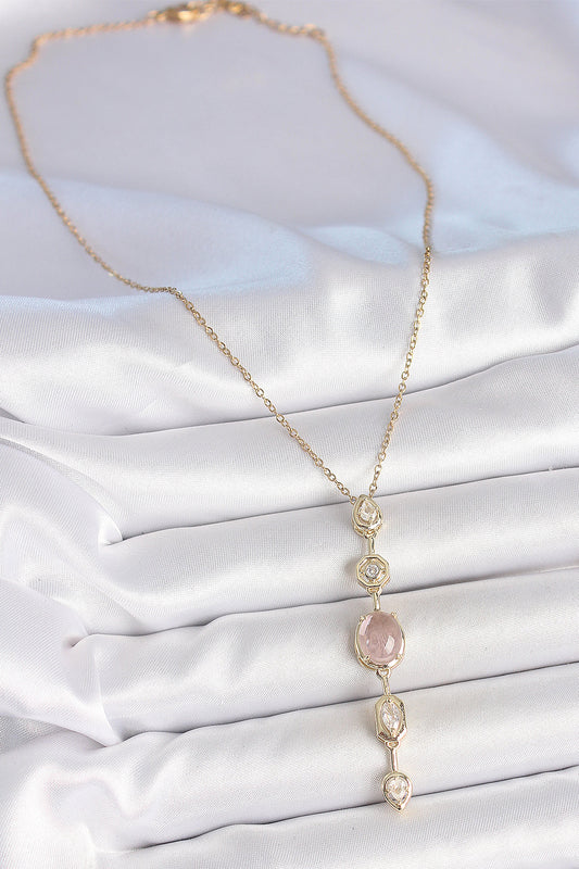 316L Stainless Steel Gold-Tone Pink Y-Shaped Women's Necklace with Zircon Detail