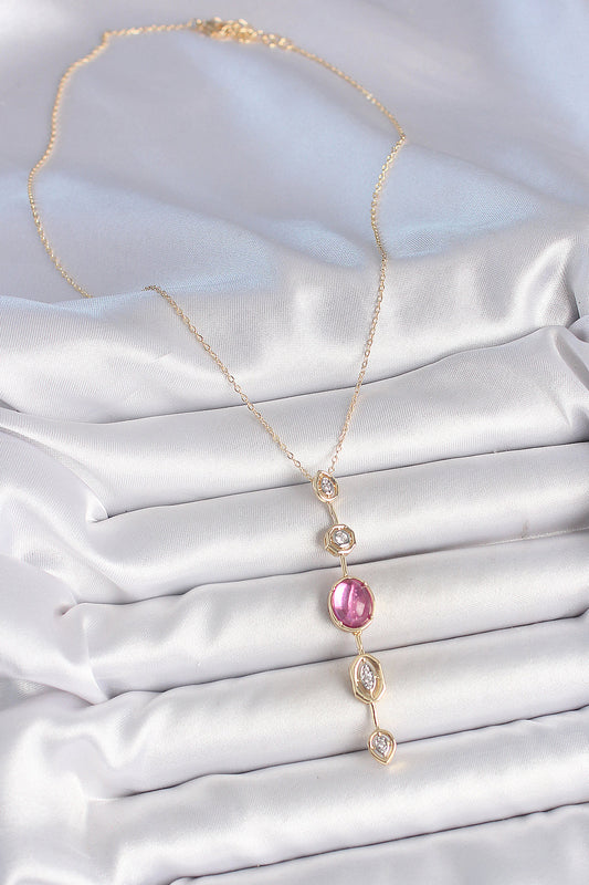 Brass Gold-Tone Pink Y-Shaped Women's Necklace with Zircon Detail