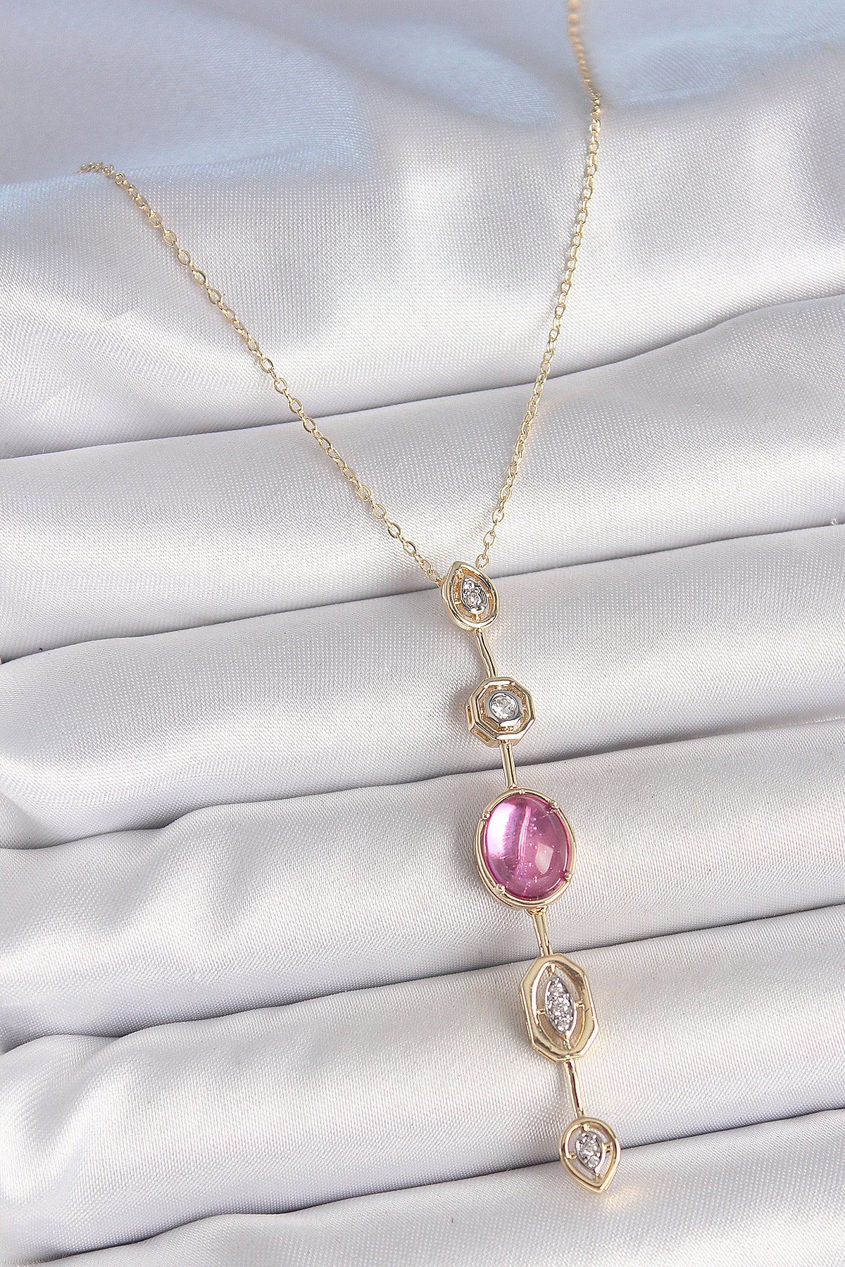 Brass Chain Gold Color Pink Zircon Stone Y Necklace