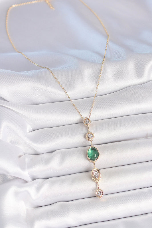 Brass Gold-Tone Emerald Green Y-Shaped Women's Necklace with Zircon Detail