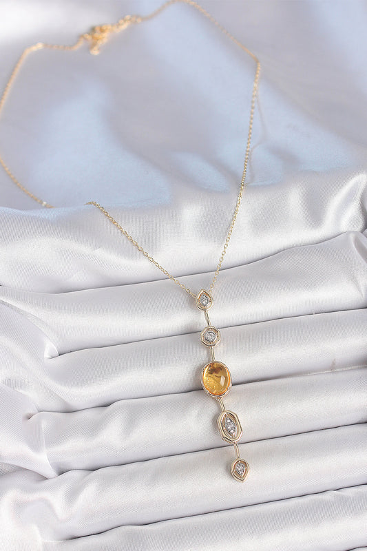 Brass Gold-Tone Amber Yellow & Yellow Y-Shaped Women's Necklace with Zircon Detail
