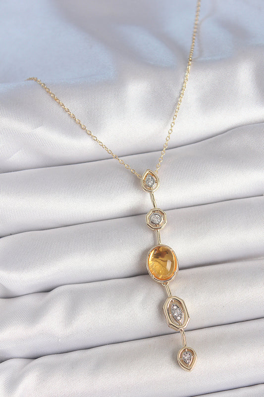 Pirinç Zincir Kehribar Sarı Gold Renk Zirkon Taşlı Y Kolye