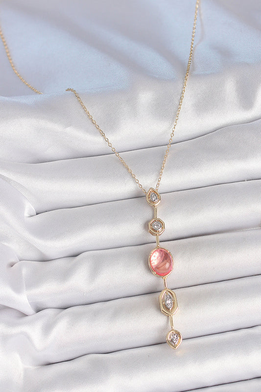 Brass Gold-Tone Pink Y-Shaped Women's Necklace with Zircon Detail