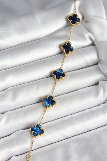 316L Steel Mother-of-Pearl Navy Blue Gold Color Clover Women's Bracelet