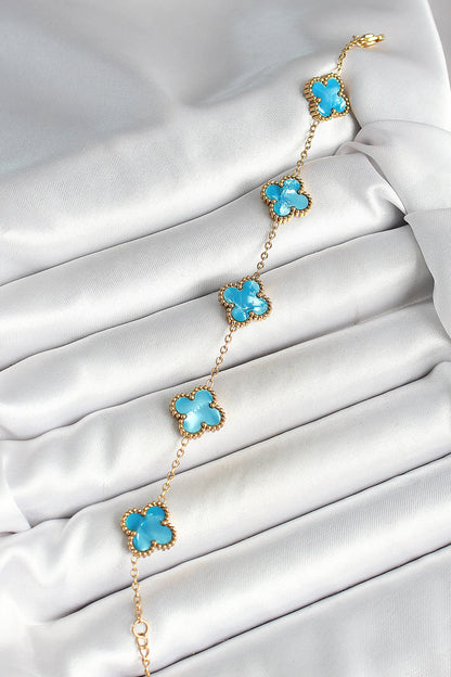 316L Çelik Sedefli Gökyüzü Mavisi Gold Renk Yonca Kadın Bileklik