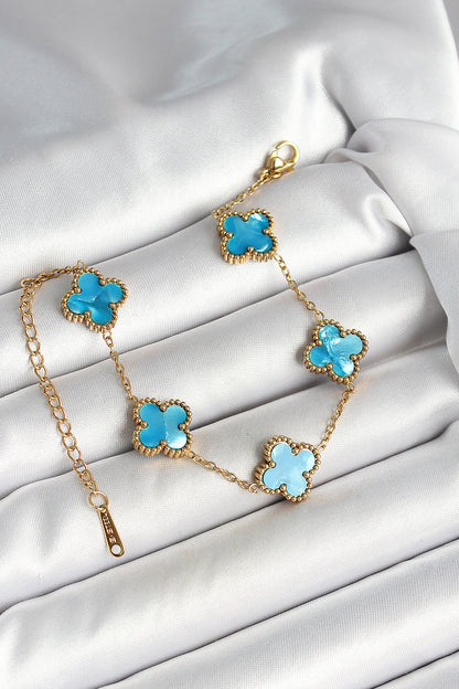 316L Çelik Sedefli Gökyüzü Mavisi Gold Renk Yonca Kadın Bileklik