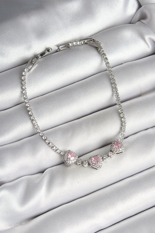 Brass Row Pink Heart Figured Zircon Stone Silver Color Women's Bracelet