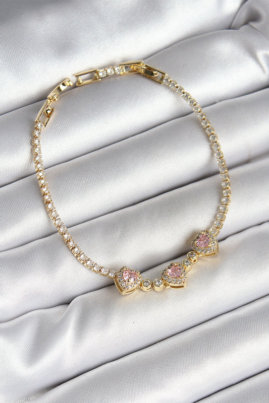 Brass Row Pink Heart Figured Zircon Stone Gold Color Women's Bracelet