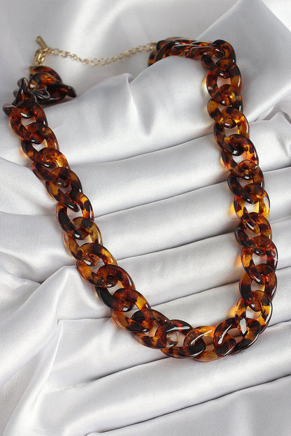 Leopar Desenli Mika Kalın Zincir Kadın Kolye