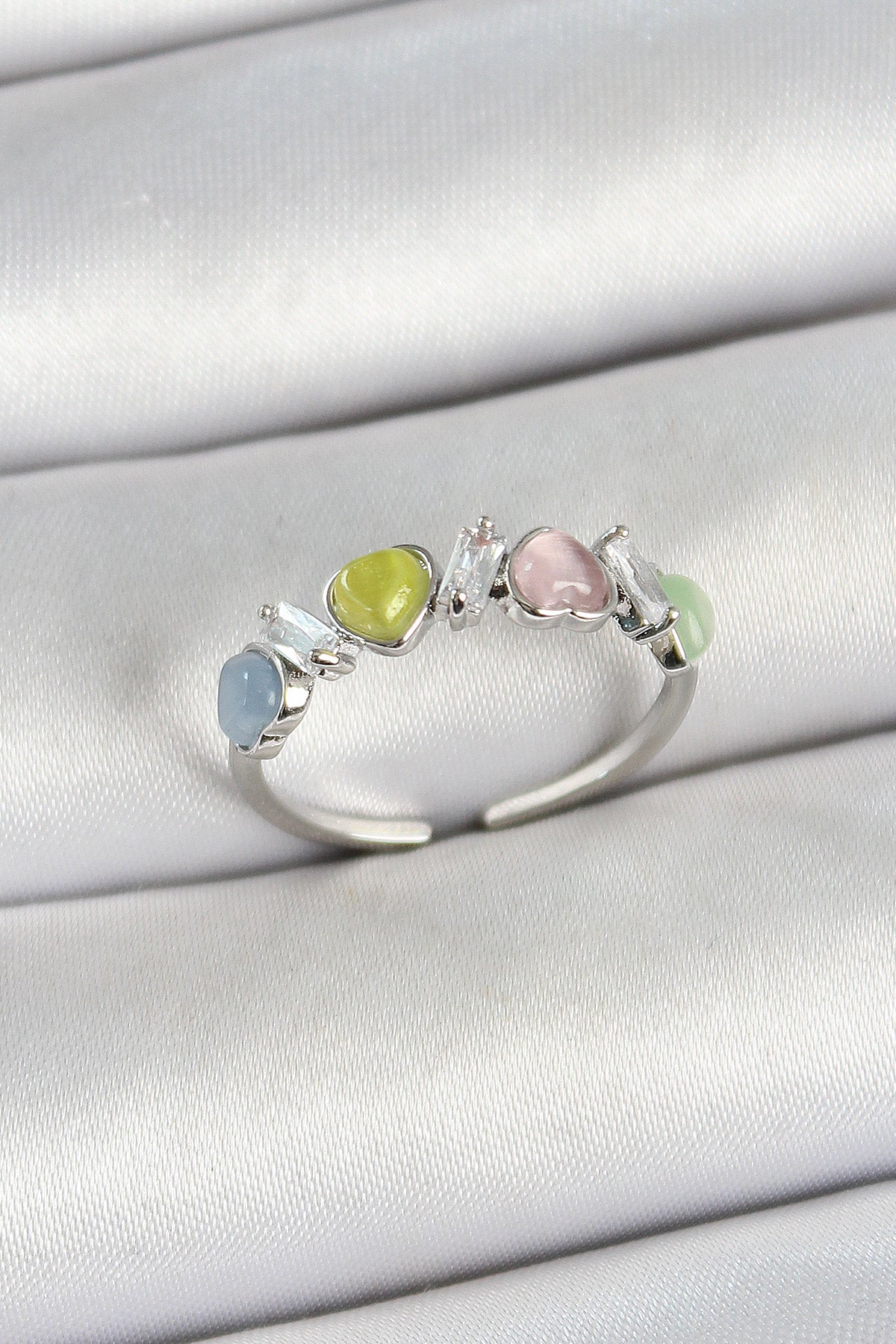 Brass Row Heart Figured Zircon Stone Silver Color Adjustable Women's Ring