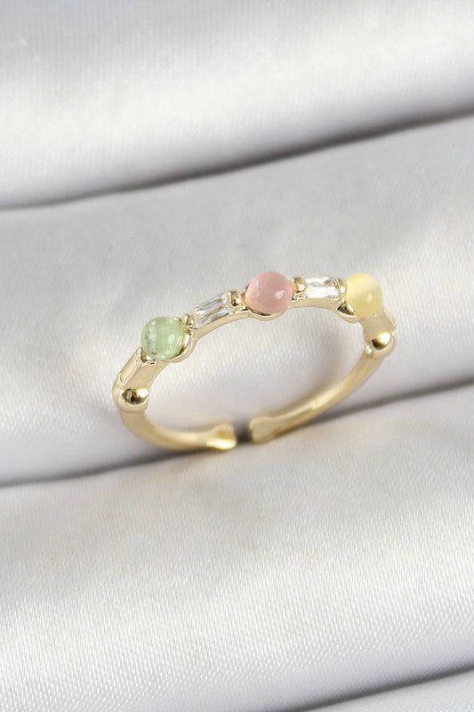 Brass Row Beaded Figured Zircon Stone Gold Color Adjustable Women's Ring