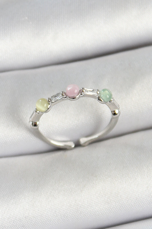 Brass Row Beaded Figured Zircon Stone Silver Color Adjustable Women's Ring