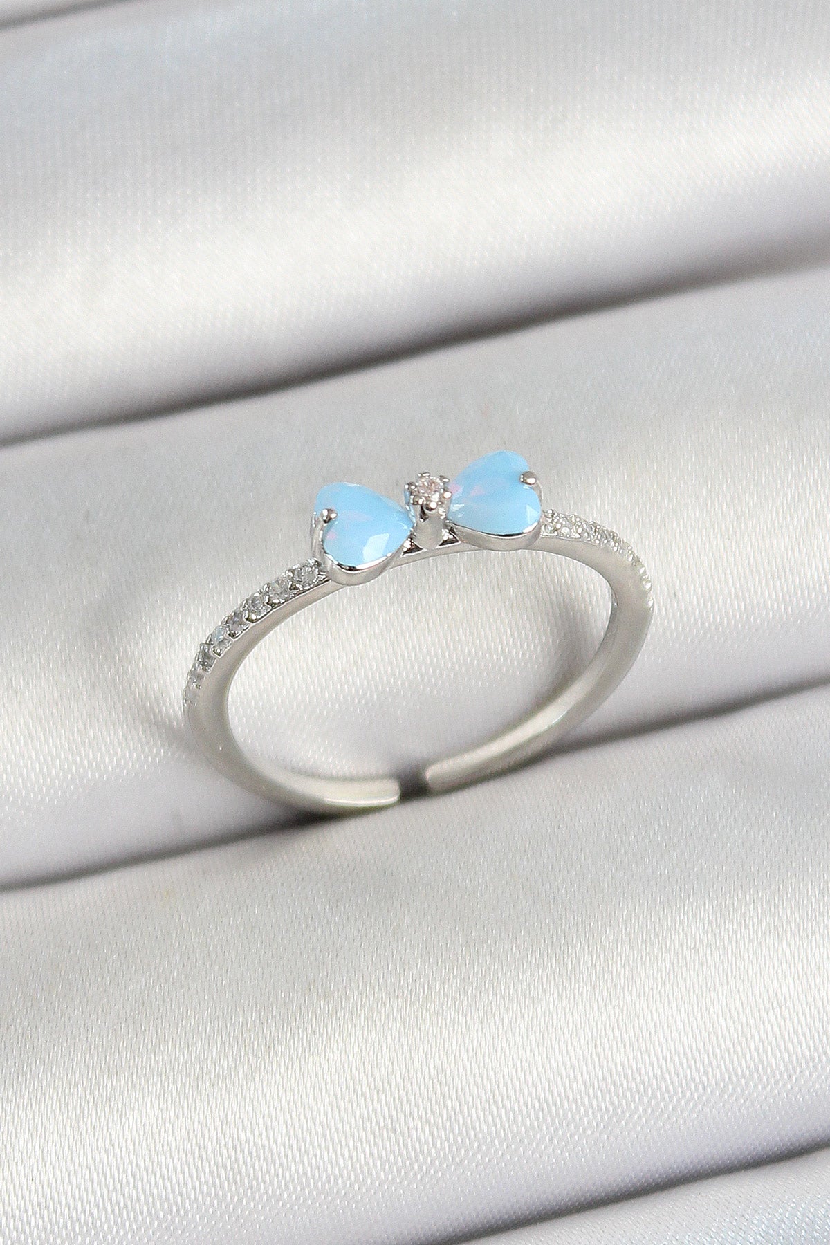 Brass Bow Figured Zircon Stone Silver Color Adjustable Women's Ring