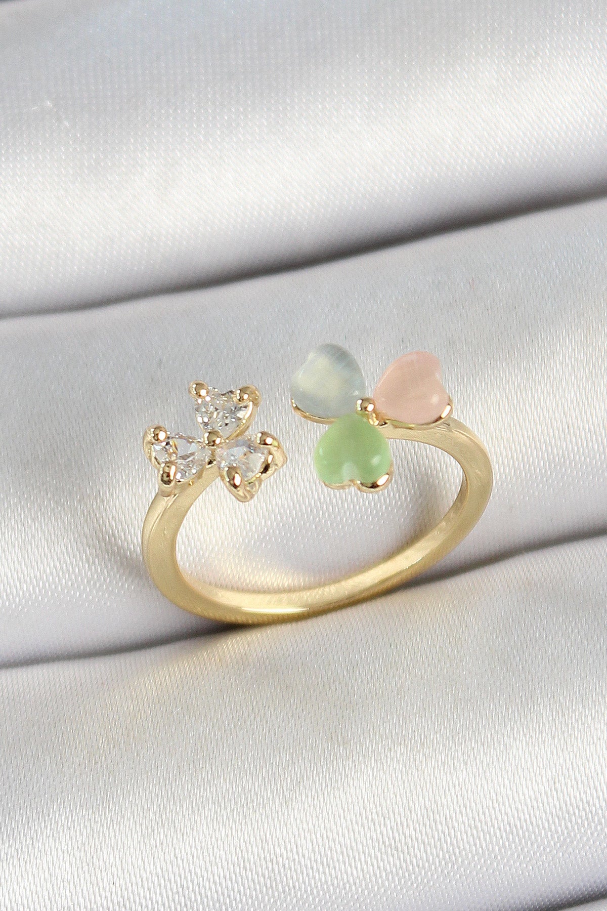 Brass Heart Figured Zircon Stone Gold Color Adjustable Women's Ring