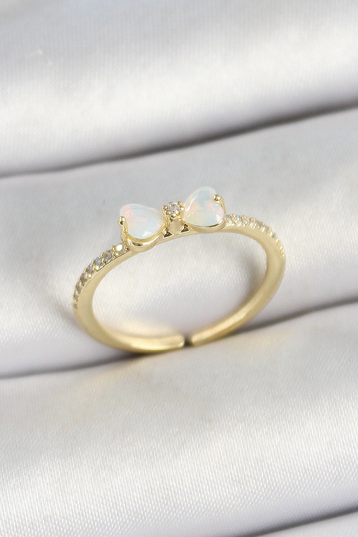 Brass Bow Figured Zircon Stone Gold Color Adjustable Women's Ring