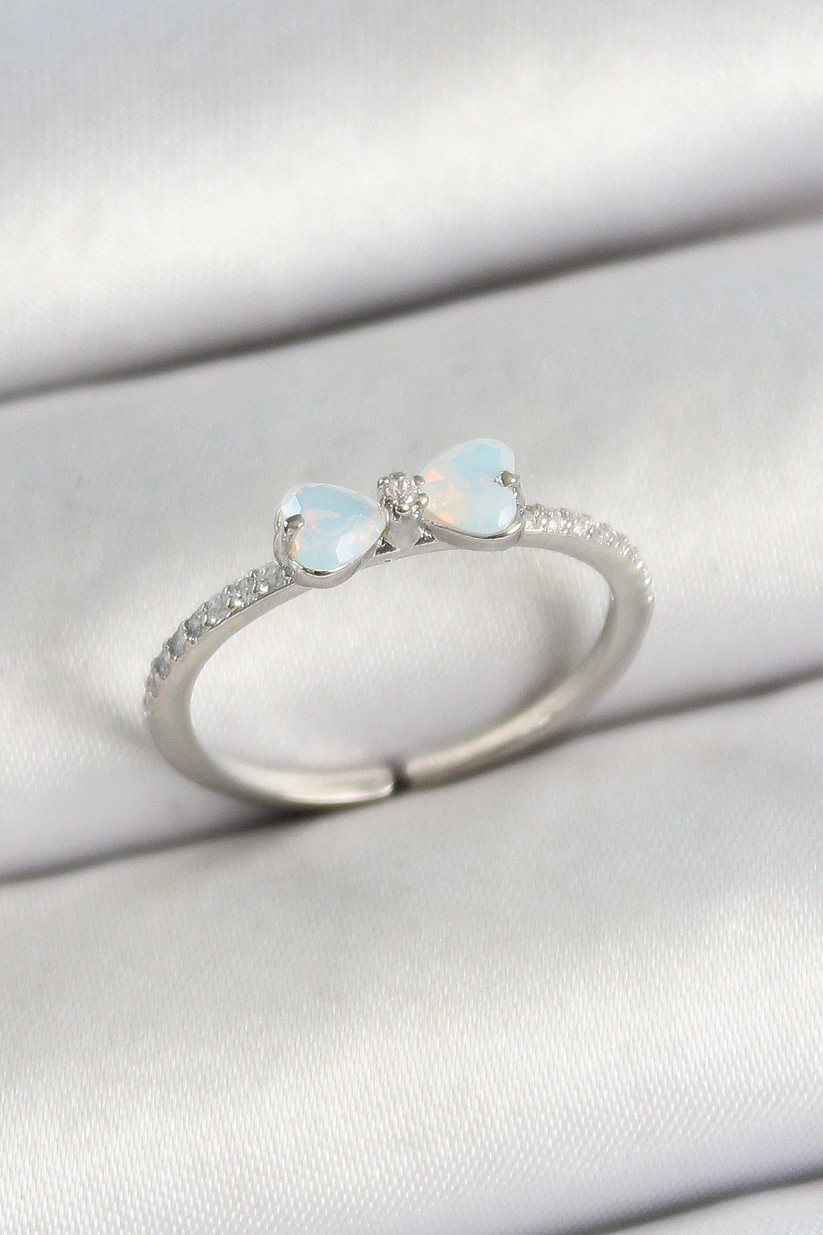 Brass Bow Figured Zircon Stone Silver Color Adjustable Women's Ring