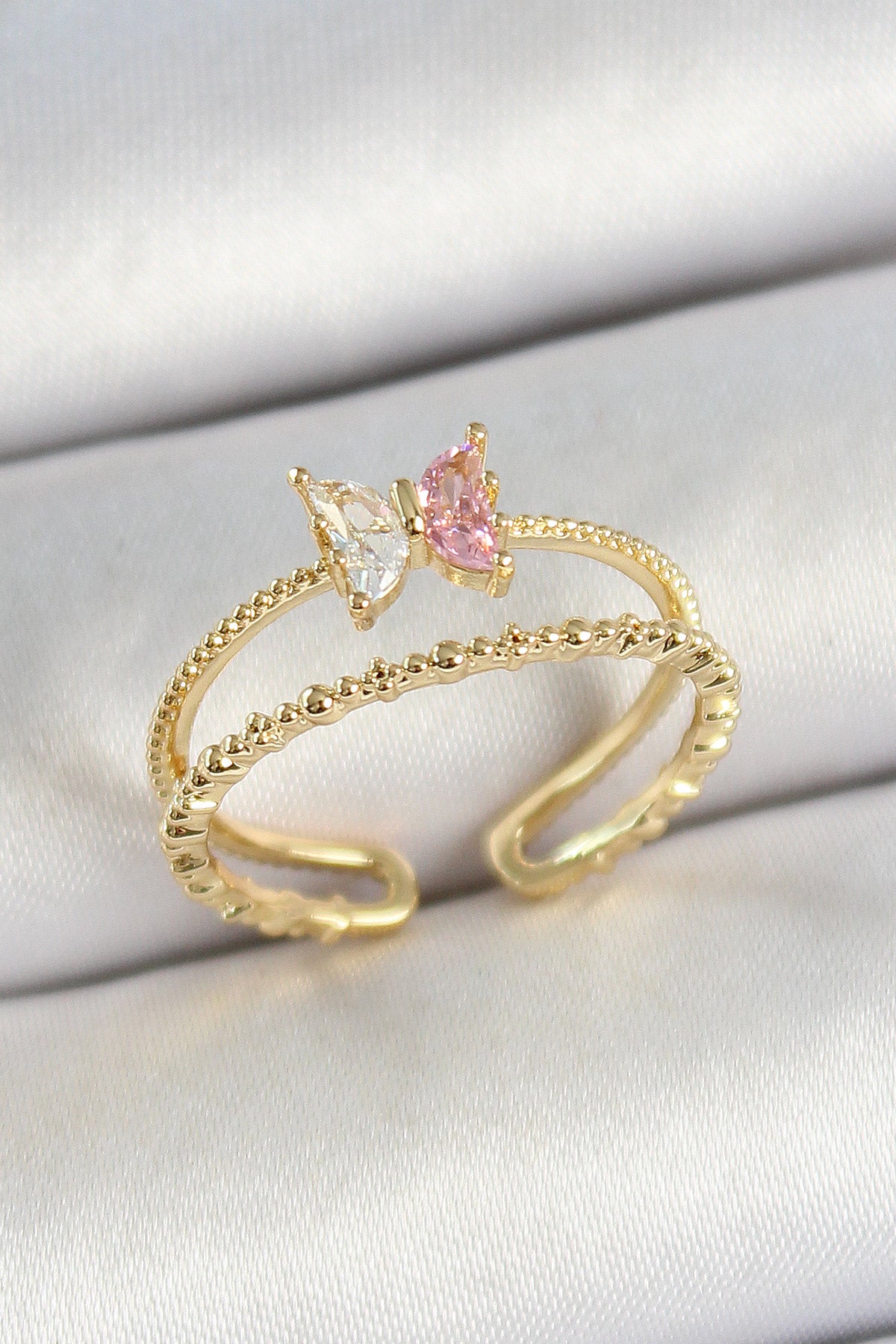 Brass Butterfly Figured Zircon Stone Gold Color Adjustable Women's Ring