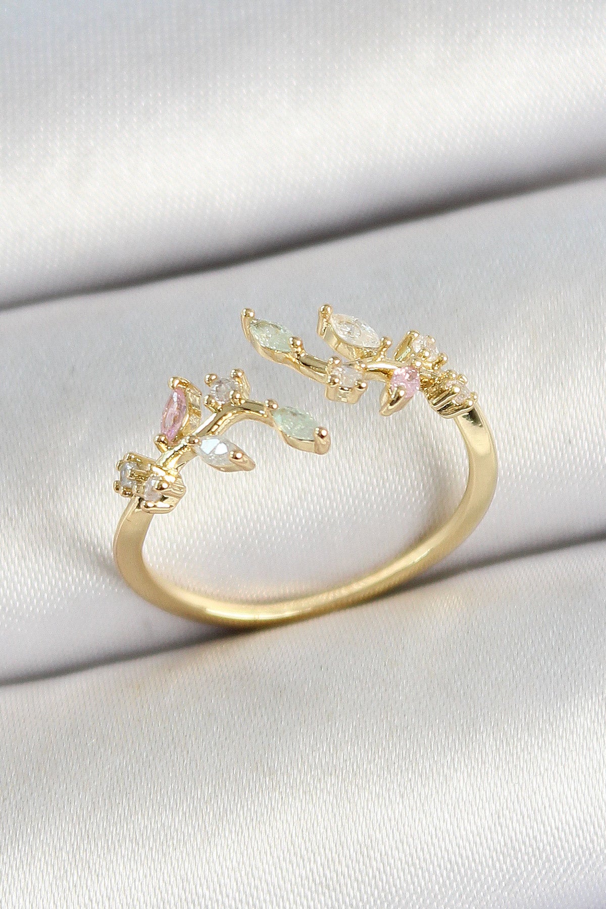 Brass Leaf Figured Zircon Stone Gold Color Adjustable Women's Ring