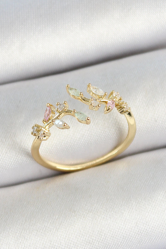 Brass Leaf Figured Zircon Stone Gold Color Adjustable Women's Ring