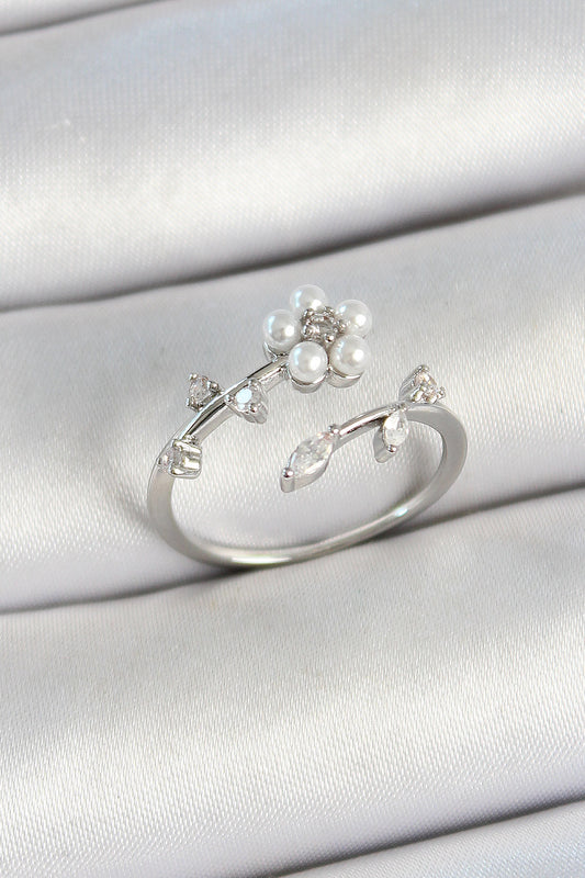 Brass Pearl Detailed Daisy Figured Zircon Stone Silver Color Adjustable Women's Ring