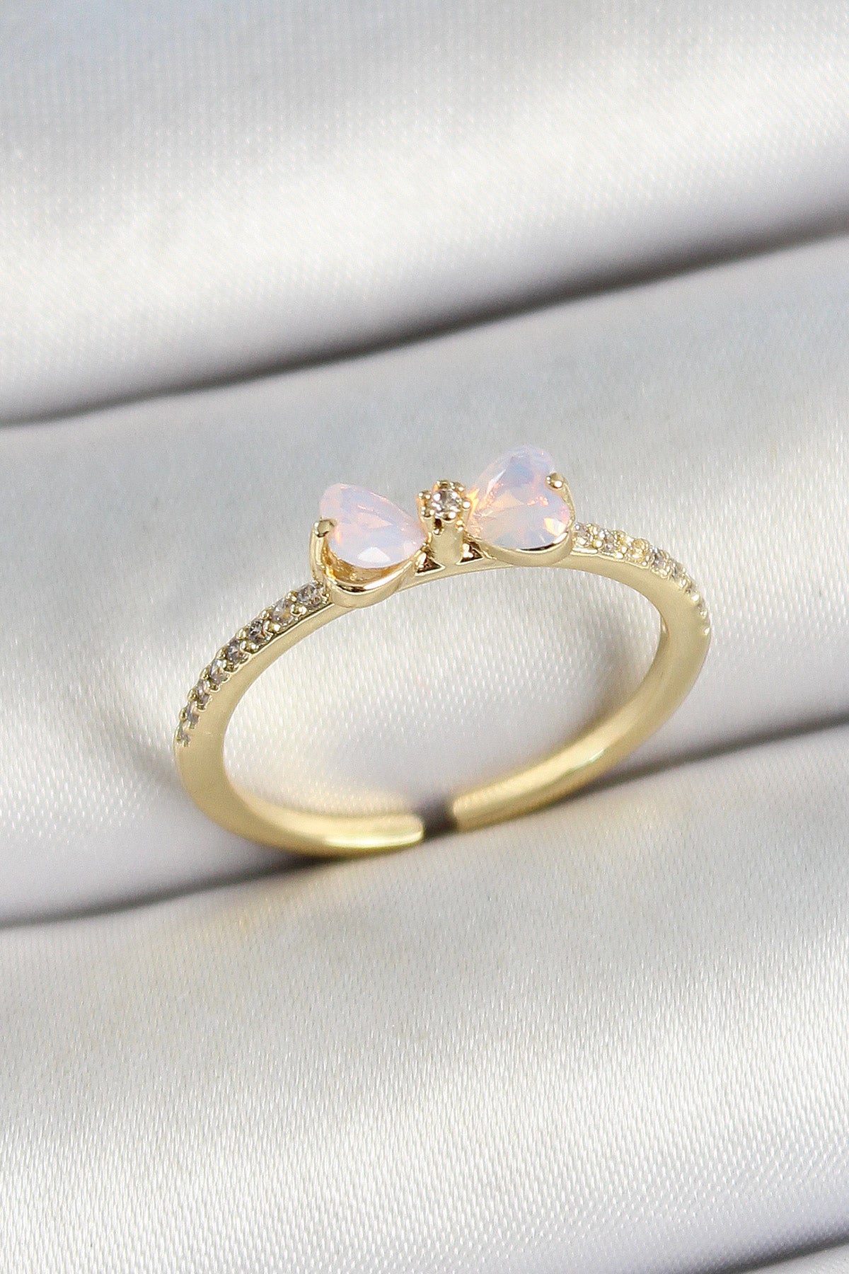 Brass Bow Figured Zircon Stone Gold Color Adjustable Women's Ring