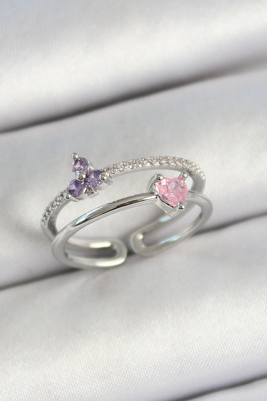 Brass Heart and Flower Figured Zircon Stone Silver Color Adjustable Women's Ring