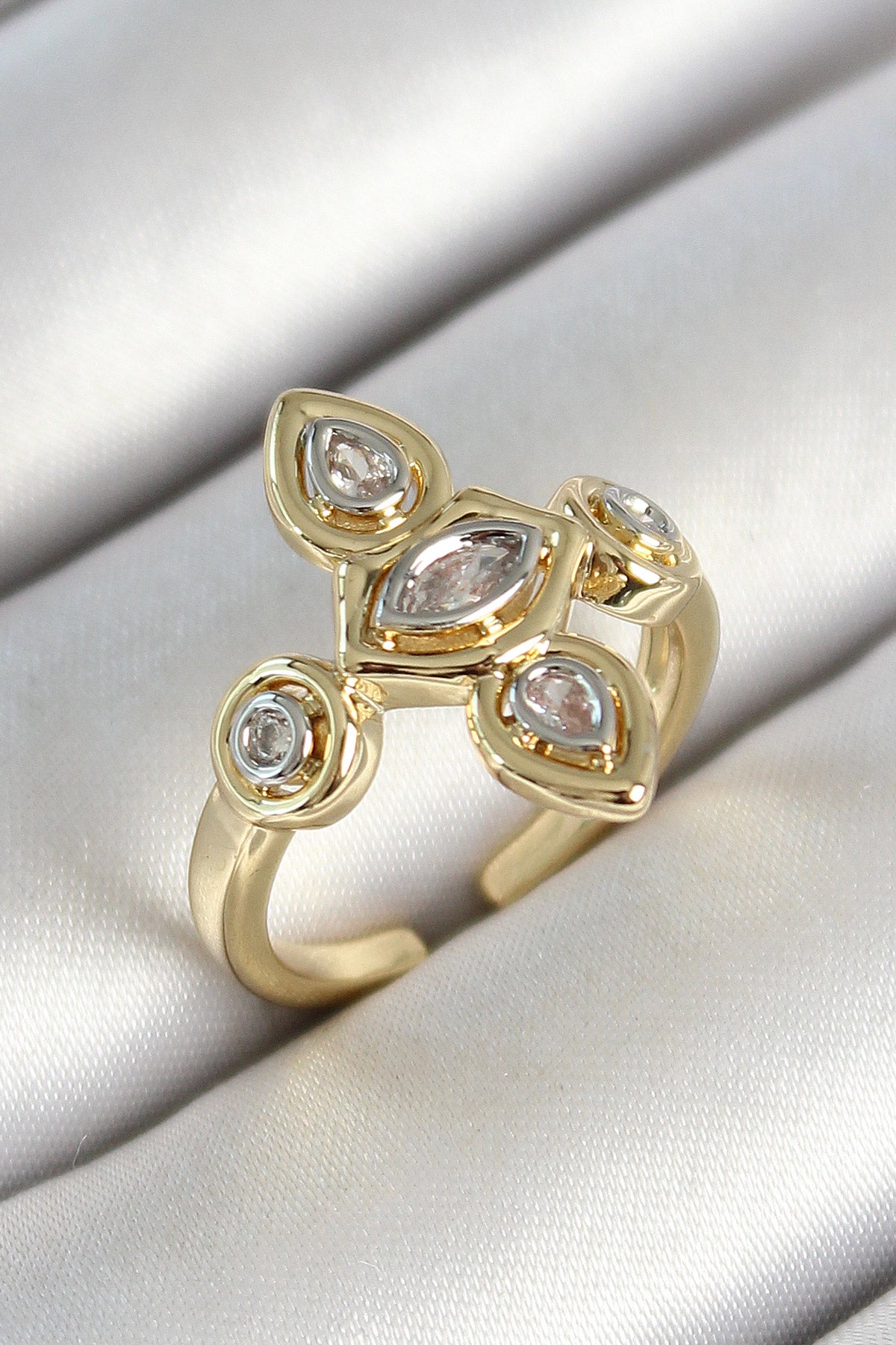 Brass Five Stone Trend Figure Zircon Stone Gold Color Adjustable Women's Ring