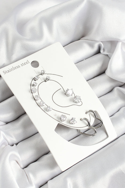 316L Çelik Kalp Figürlü Ve Zirkon Taşlı Gümüş Renk 7'li Çift Kadın Küpe Set