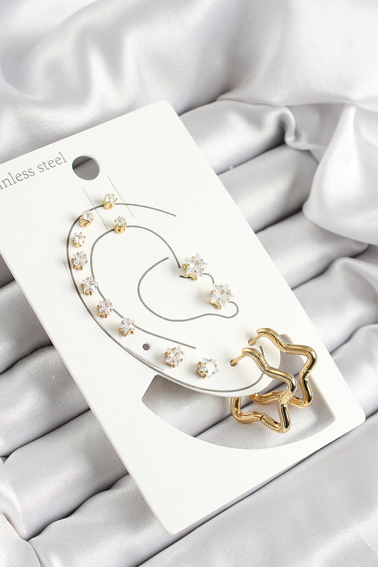 316L Çelik Yıldız Figürlü Ve Zirkon Taşlı Gold Renk 7'li Çift Kadın Küpe Set