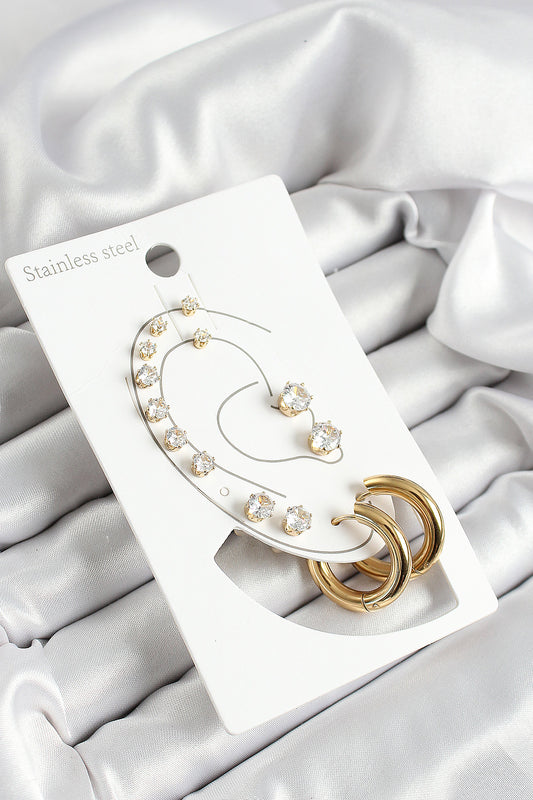 316L Çelik Halka Figürlü Ve Zirkon Taşlı Gold Renk 7'li Çift Kadın Küpe Set