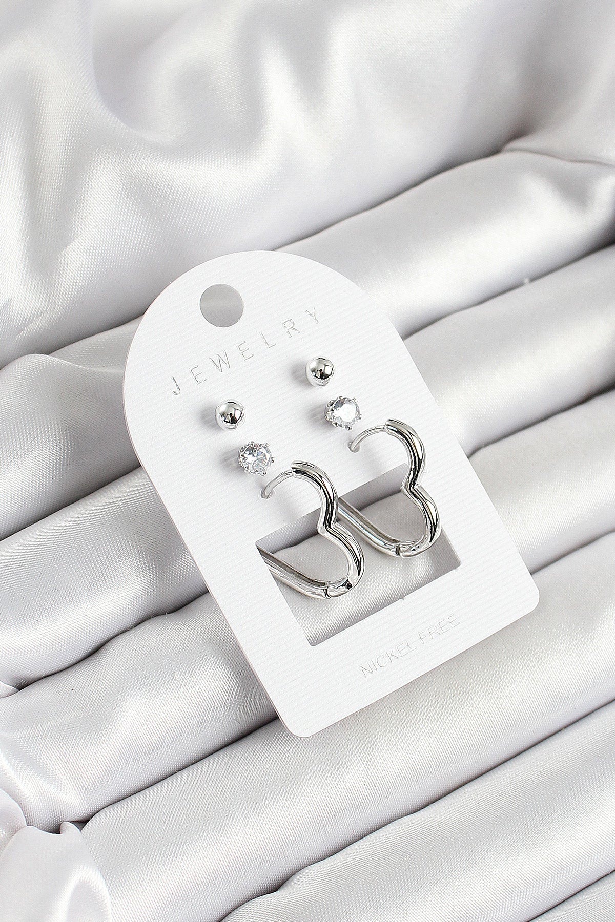 Brass Zircon Stone and Heart Figured Silver Color 3-Piece Pair Women's Earring Set