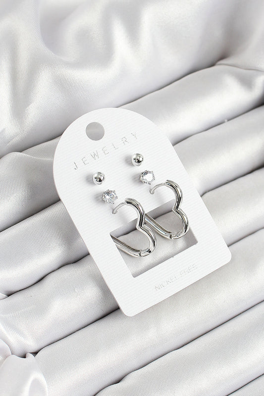 Brass Zircon Stone and Heart Figured Silver Color 3-Piece Pair Women's Earring Set