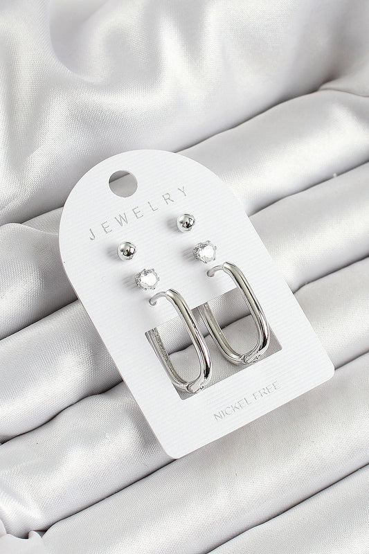 Brass Zircon Stone and Rectangular Figured Silver Color 3-Piece Pair Women's Earring Set