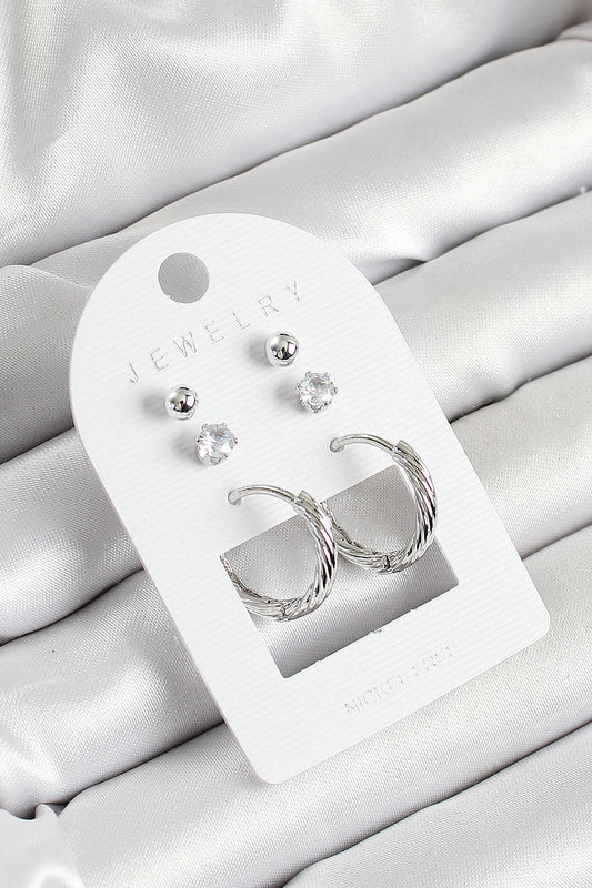 Brass Zircon Stone and Ring Figured Silver Color 3-Piece Pair Women's Earring Set