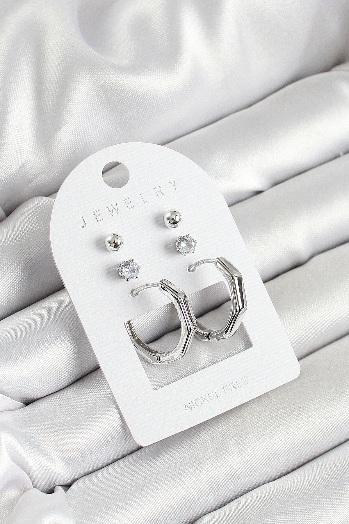 Brass Zircon Stone and Bone Ring Figured Silver Color 3-Piece Pair Women's Earring Set