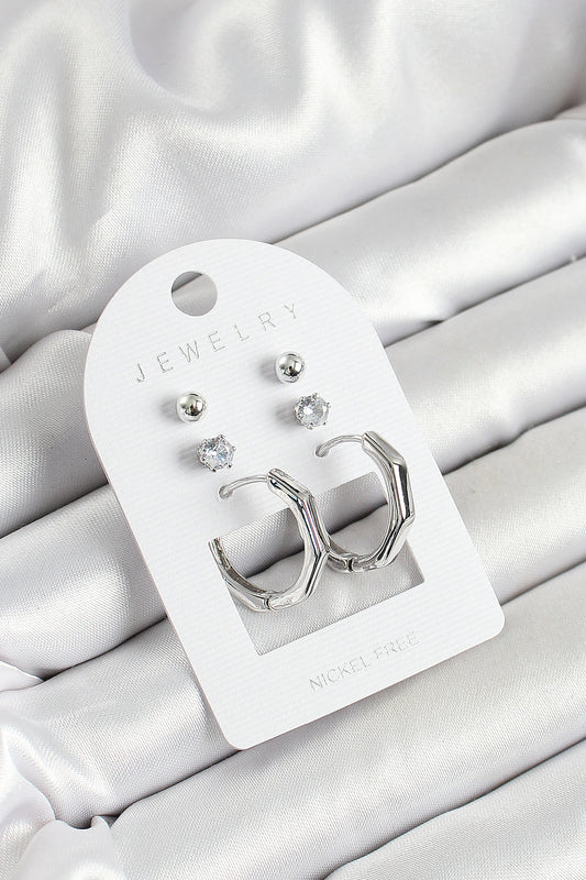 Brass Zircon Stone and Bone Ring Figured Silver Color 3-Piece Pair Women's Earring Set