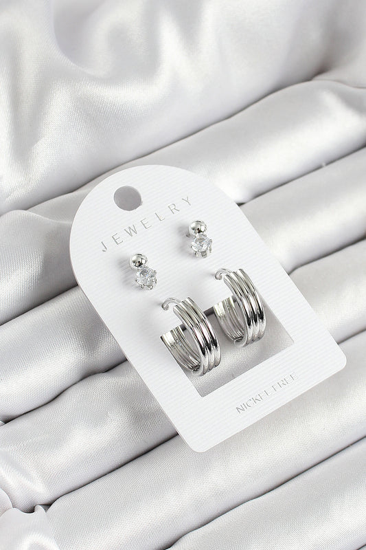 Brass Zircon Stone and Ring Figured Silver Color 3-Piece Pair Women's Earring Set