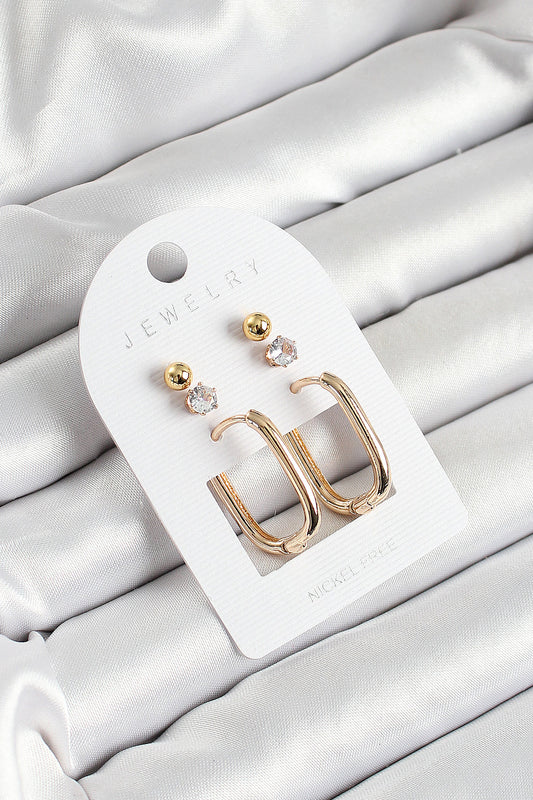 Brass Zircon Stone and Rectangular Figured Gold Color 3-Piece Pair Women's Earring Set