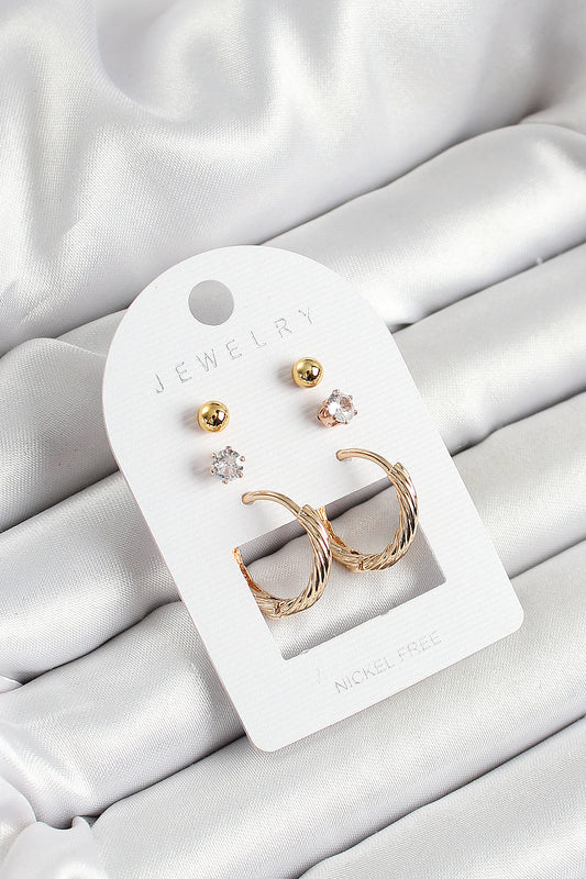 Brass Zircon Stone and Ring Figured Gold Color 3-Piece Pair Women's Earring Set