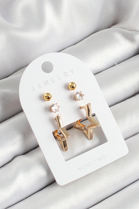 Brass Zircon Stone and Star Figured Gold Color 3-Piece Pair Women's Earring Set
