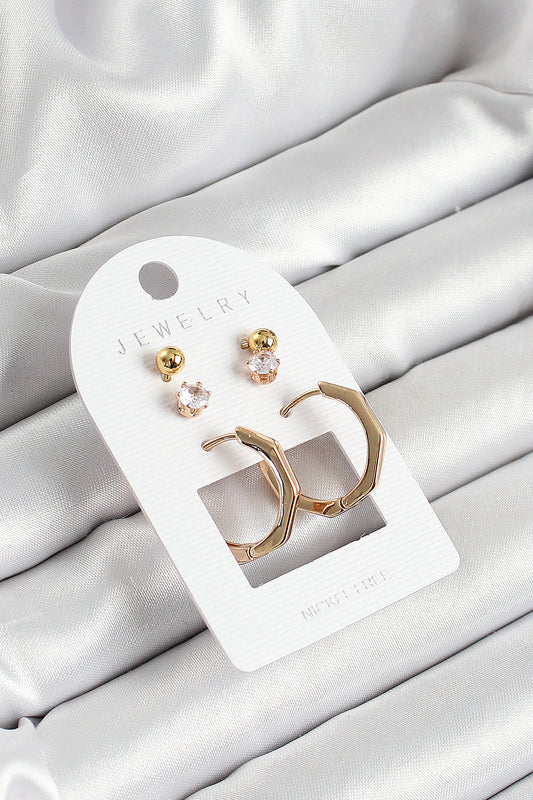 Brass Zircon Stone and Bone Ring Figured Gold Color 3-Piece Pair Women's Earring Set